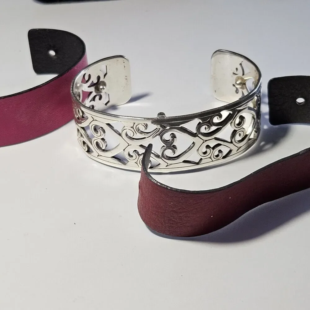 Brighton Christo Madrid Narrow Silver Plated Cuff Bracelet Pink Red Leather 7" - Picture 2 of 16